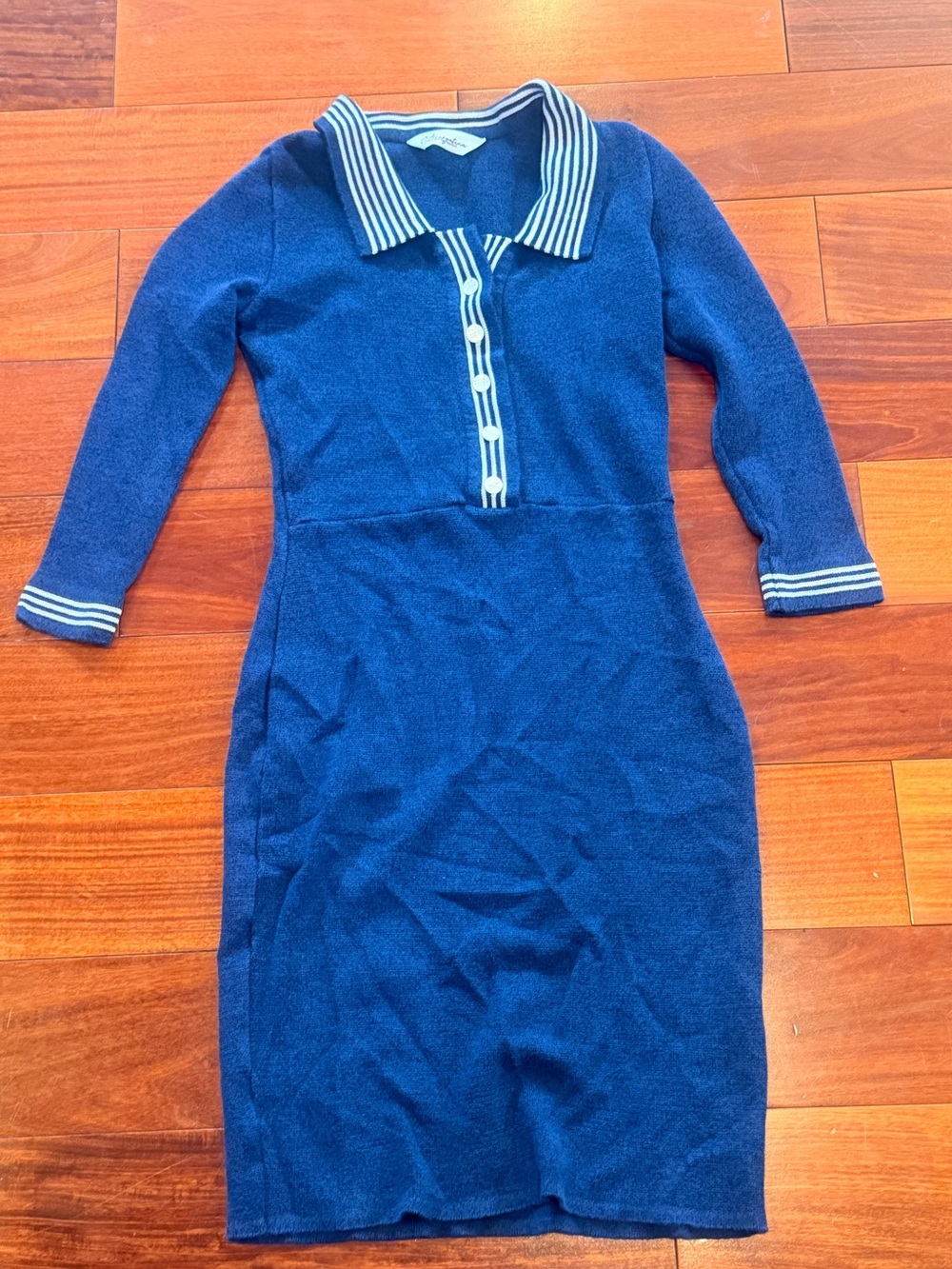 O. Masyutina Navy Knit Polo Dress with Striped Collar
